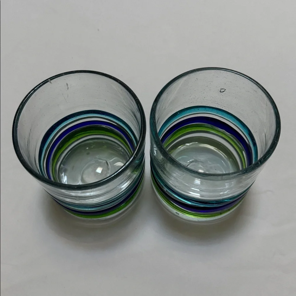 MEXICO HANDBLOWN TUMBLER GLASSES 2 SET STRIPES Cobalt Aqua Green Barware 12 oz